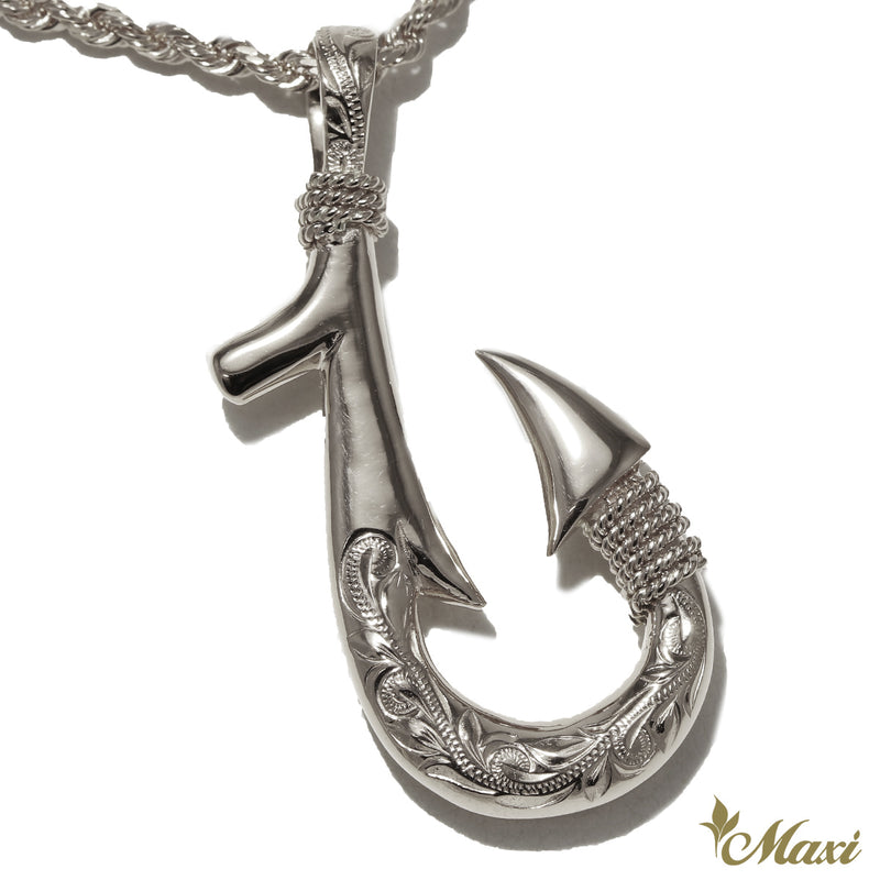 [Black Chrome Silver 925]Fish Hook Pendant Large-Double Side Engraving [Made to Order] (P0700)