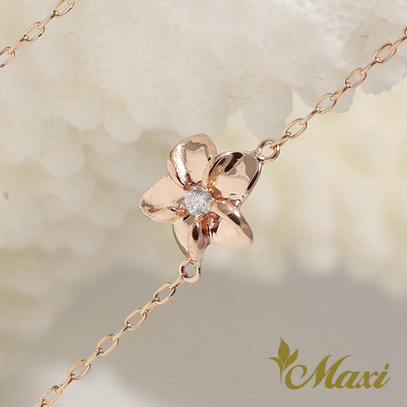 [14K Gold] Hawaiian Plumeria Flower Bracelet/Anklet with Diamond-Large (B0557-Large)