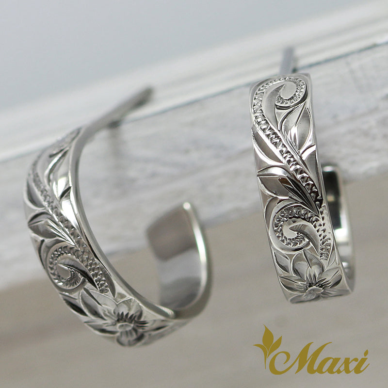 [Black Chrome Silver 925] Hoop Pierced Earring Large-Hand Engraved Traditional Hawaiian Design*Made-to-order* (E0151BC))
