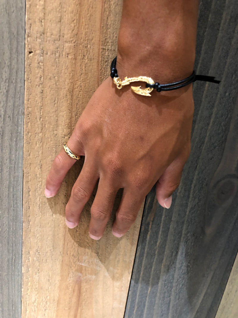 [14K Gold] Fish Hook Leather Bracelet *Made to Order* (B0309)