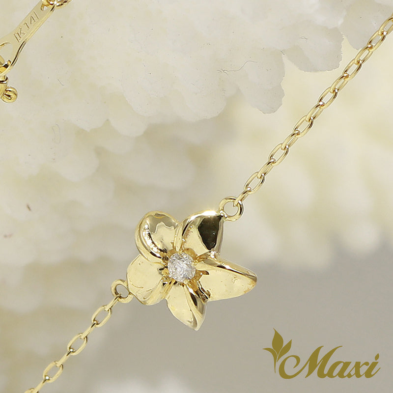 [14K Gold] Hawaiian Plumeria Flower Bracelet/Anklet with Diamond-Large (B0557-Large)