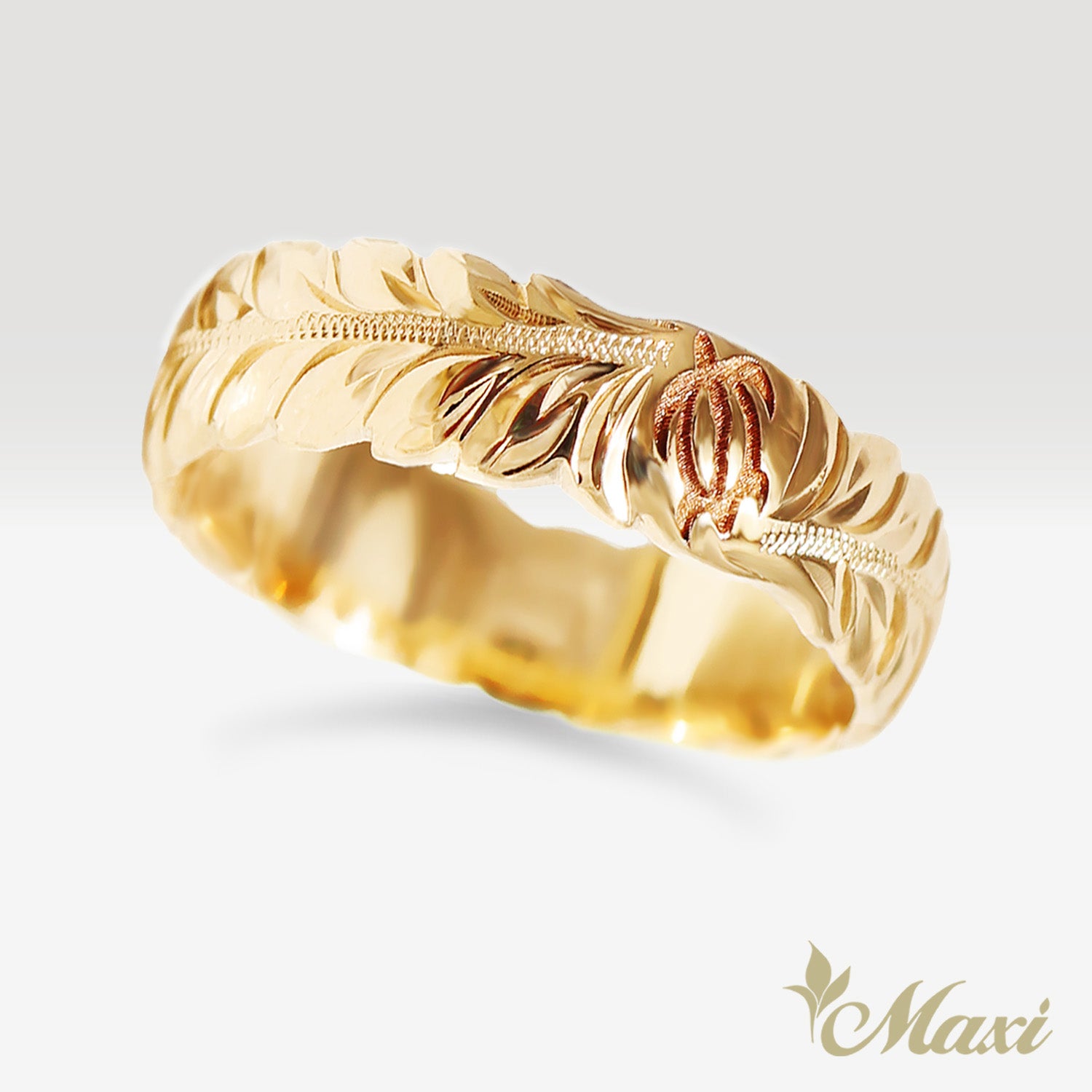 6mm Maile Lei & Honu_Hawaiian Sea Turtle Ring [14K/18K Gold/Platinum]