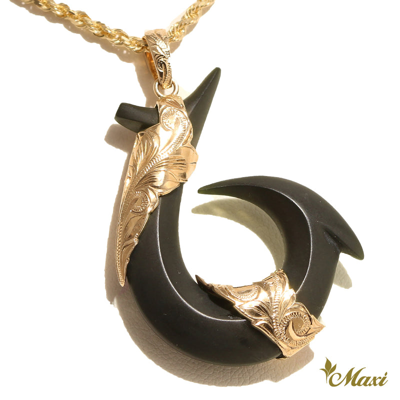 [14K Gold] Black Jade Fishhook pendant-Large (P1312) Made to Order