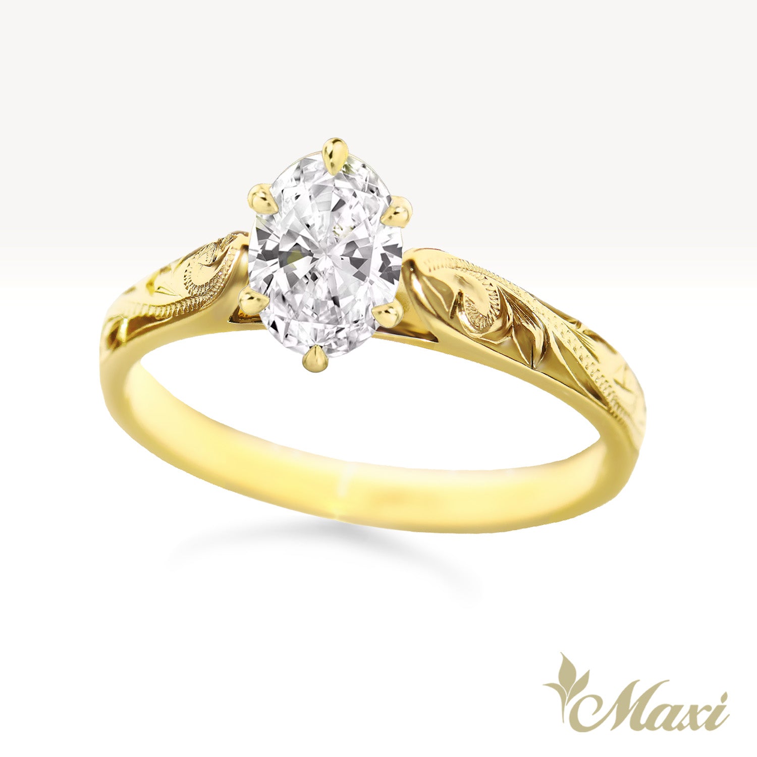 1 Carat Oval Lab-Grown Diamond Hawaiian Engraved Solitaire_ Tapered Ring [14K/18K Gold]