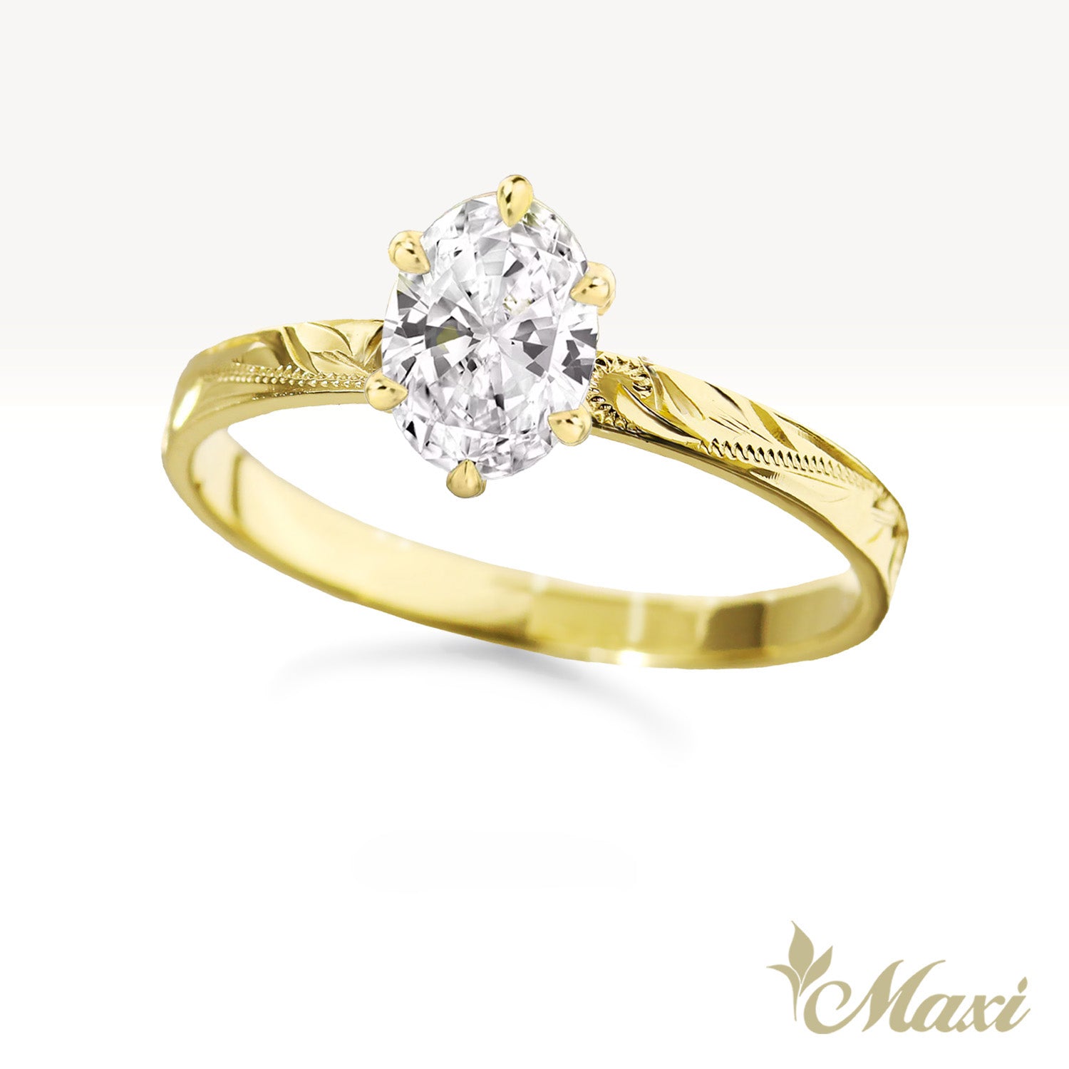 1 Carat Oval Lab-Grown Diamond Hawaiian Engraved Solitaire_Flat Ring [14K/18K/Platinum Gold]