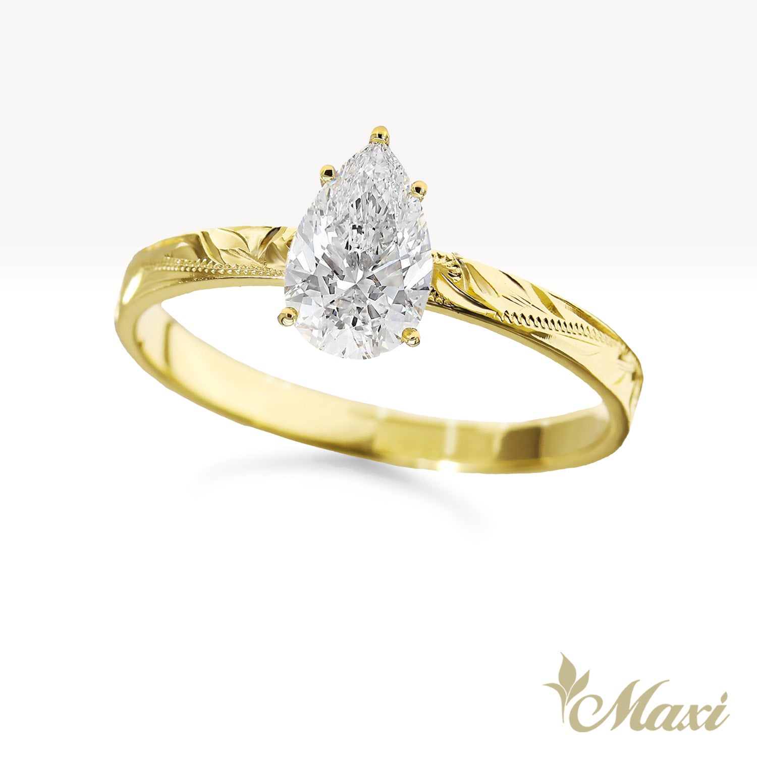 1 Carat Pear Lab-Grown Diamond Hawaiian Engraved Solitaire_Flat Ring [14K/18K Gold/Platinum]