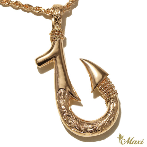 [14K Gold] Handmade Fish Hook Pendant Large-Double Side Engraving [Made to Order] (P0700)