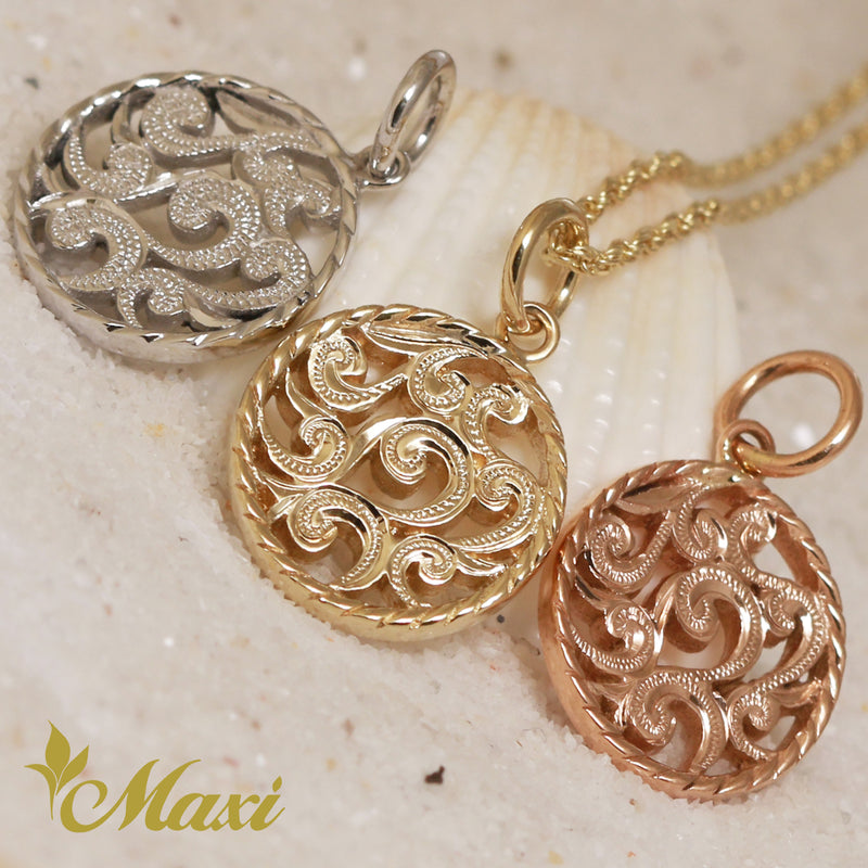 [14K Gold] Round Scroll Pendant-Hand Engraved Traditional Hawaiian Design [Made to Order] (P0497)