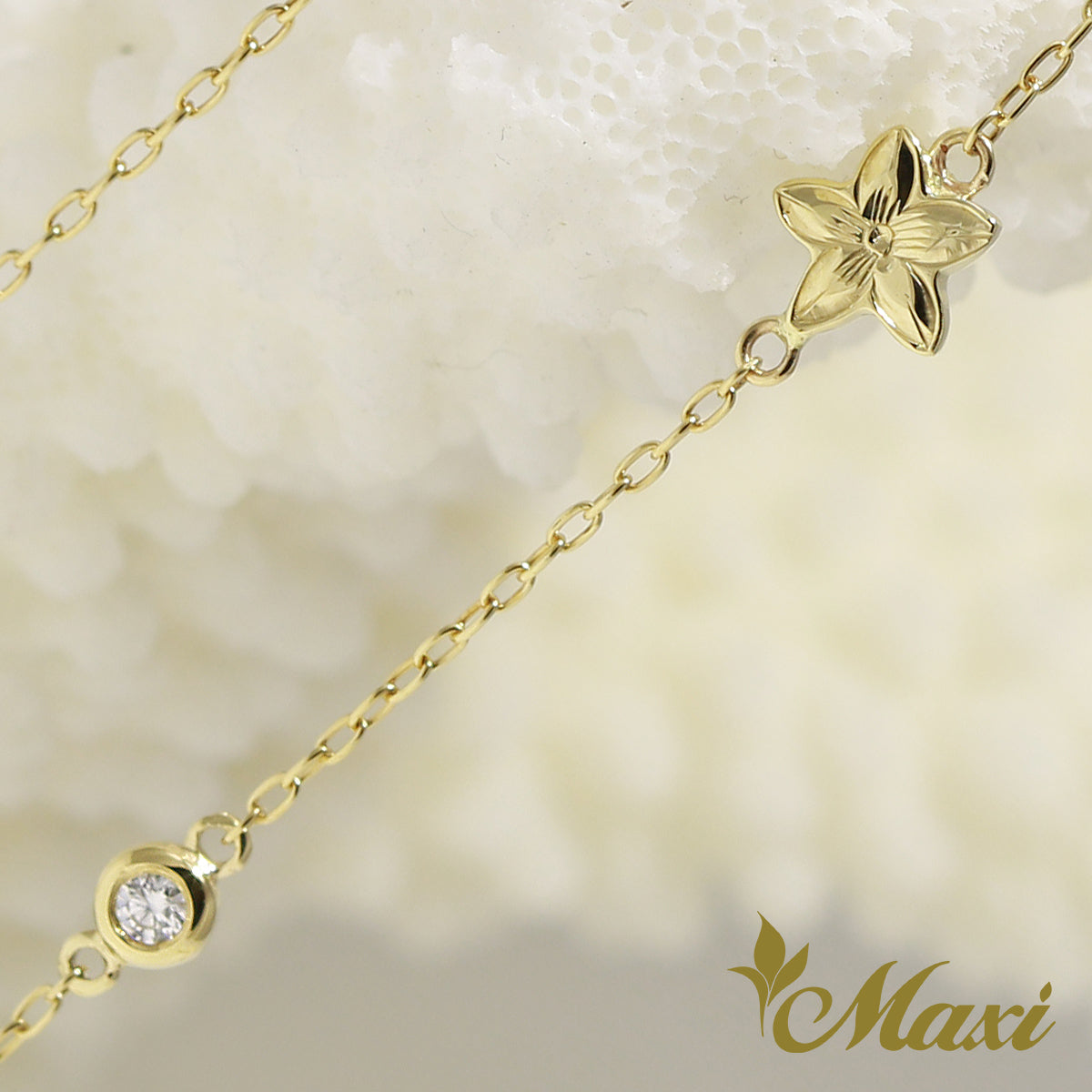 14K Gold] Plumeria Flower Charm Bracelet/Anklet with Diamond [Made