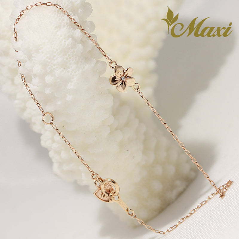 [14K Gold] Hawaiian Plumeria Flower Bracelet/Anklet with Diamond-Small (B0556)