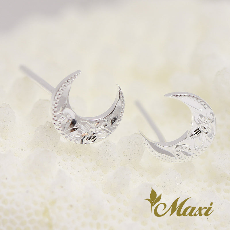 [Silver 925] Crescent Moon Pierced Earring-Hand Engraved Traditional Hawaiian Design *Made to Order* (E0175)