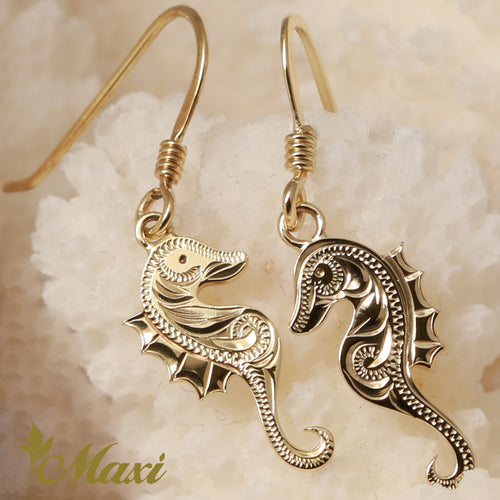 [14K Yellow Gold] Seahorse Pierced Earring-Hand Engraved Traditional Hawaiian Design*Made-to-order* (E0178)