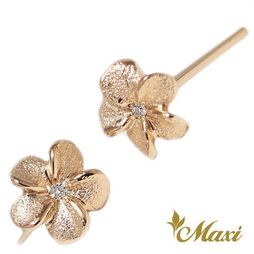 [14K Gold] Matte Plumeria Flower Pierced Earring with Diamond*Made-to-order*(E0215)