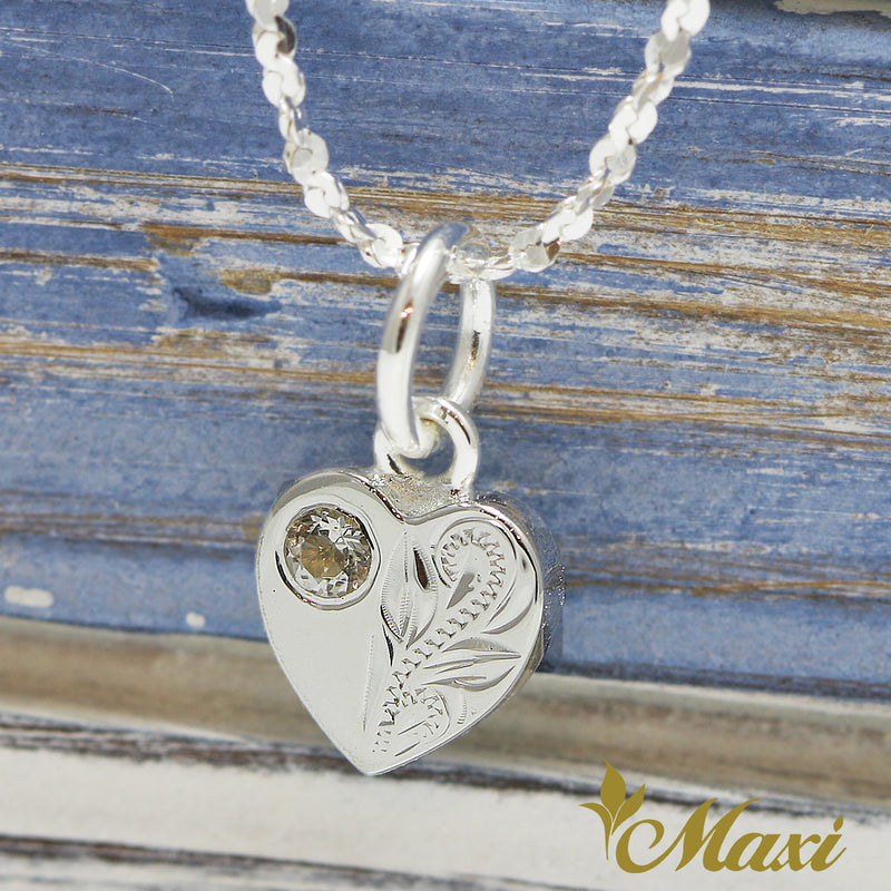 [Silver 925] Heart Pendant with Crystal-Hand Engraved Traditional Hawaiian Design (H0023)