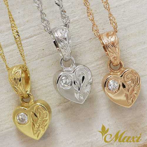 [14K Gold] Heart Pendant with Diamond-Hand Engraved Traditional Hawaiian Design*Made-to-order* (H0107)