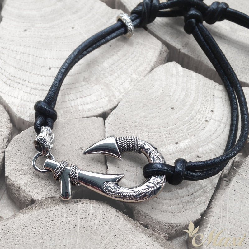 Black Chrome Silver 925] Hawaiian Fish Hook Leather Bracelet*Made