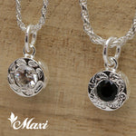 [Silver 925] PoePoe Round Pendant with Onyx Stone-Hand Engraved Traditional Hawaiian Design (P0903)