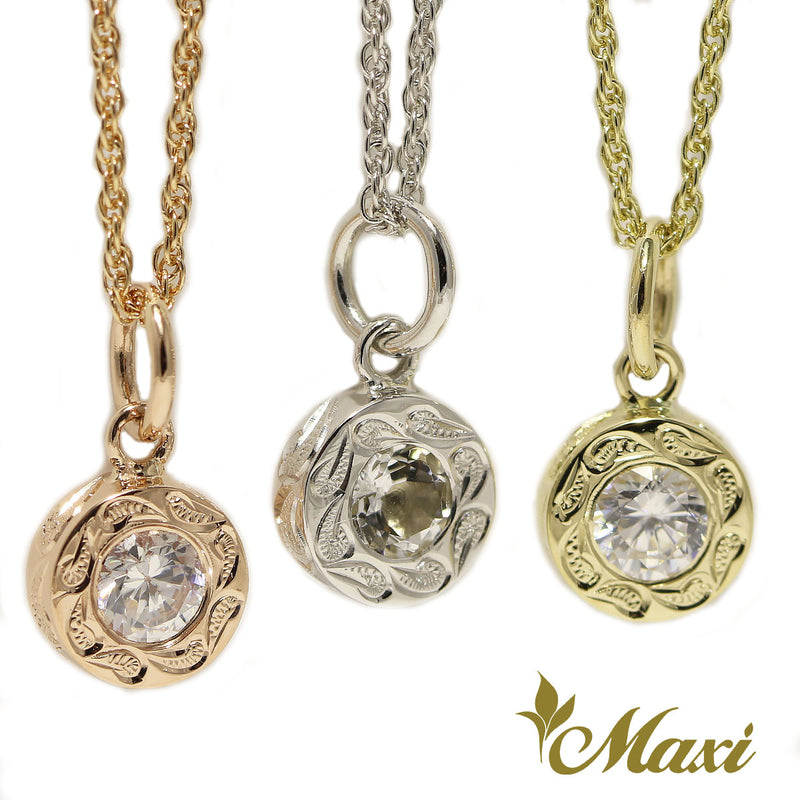 [14K Gold] Round Pendant with Crystal Stone-Hand Engraved Traditional Hawaiian Design (P0903)