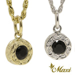 [14K Gold] Round Pendant with Black Onyx Stone-Hand Engraved Traditional Hawaiian Design (P0903)