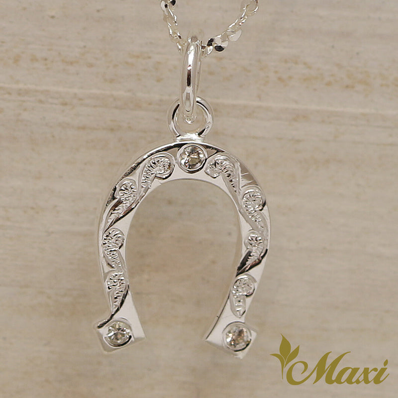 [Silver 925] Horse Shoe Pendant with Crystal Stones-Hand Engraved Traditional Hawaiian Design (P0908)
