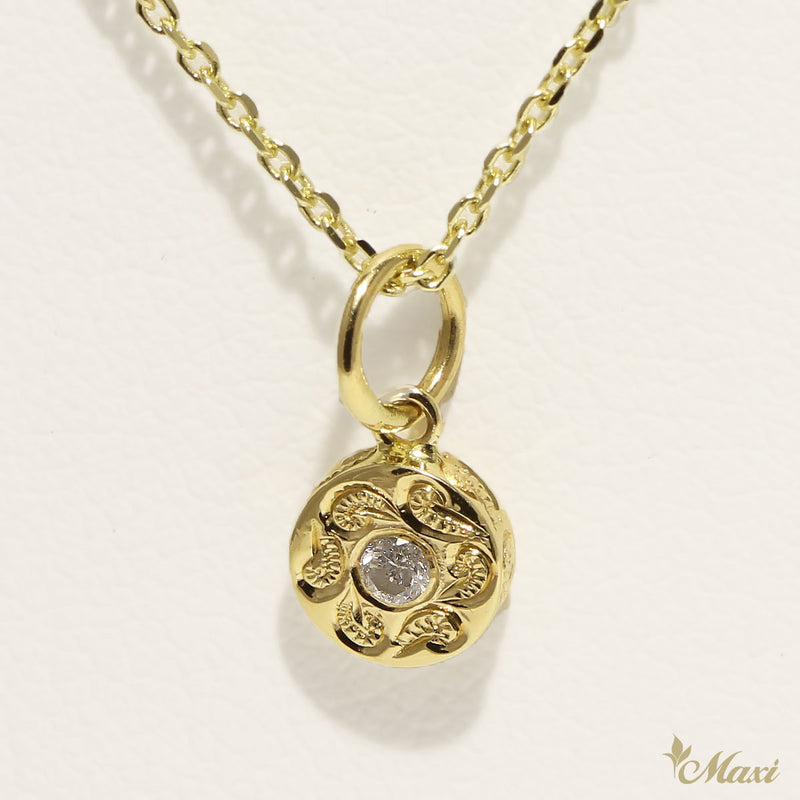 [14K Gold] Round Stone Pendant Small-Hand Engraved Traditional Hawaiian Design (P0909)