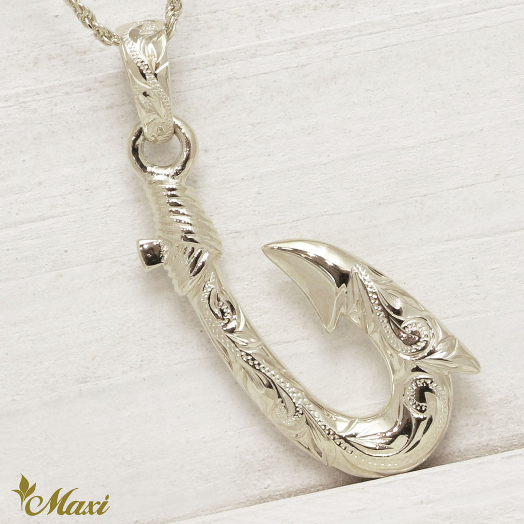 Silver 925] Fishhook Pendant Small-Hand Engraved Traditional