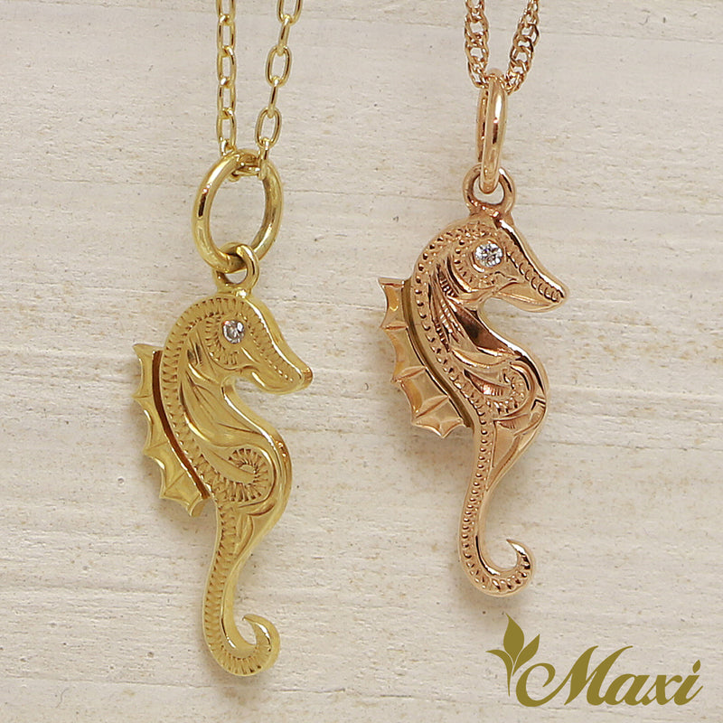 [14K Gold] Seahorse Pendant with Diamond-Hand Engraved Traditional Hawaiian Design (P0949)