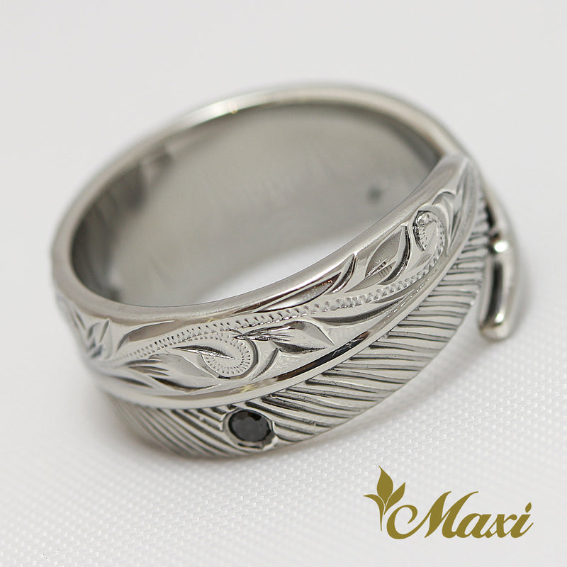 [Black Chrome Silver 925] Feather Ring with Onyx [Made to Order] (R0367BC)