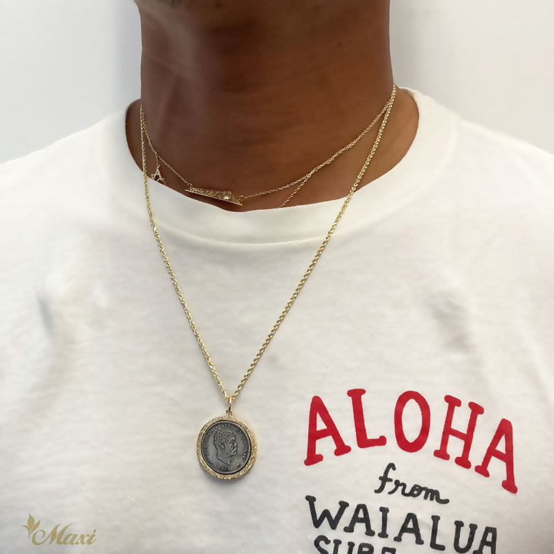 [14K Yellow Gold] King Kalakaua Coin Pendant Large-Hand Engraved Traditional Hawaiian Design (P0944)