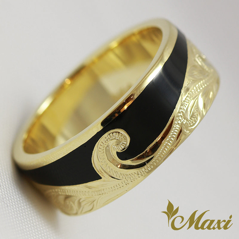 [14K Yellow Gold] Wave Black Enamel Line Ring Small 8mm [Made to Order] (R0298)