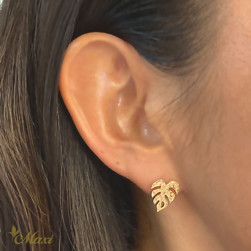 [14K Gold] Hawaiian Monstera Leaf Diamond Stud Pierced Earring (P1255 Stud Ear+Dia) *Made to Order*