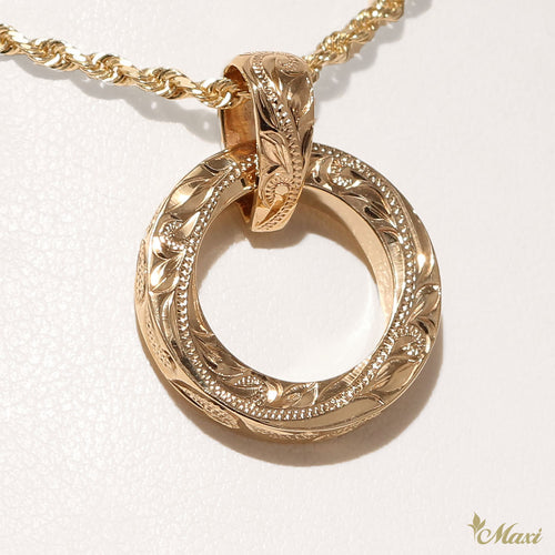 [14K Gold] Circle Pendant-Hand Engraved Maile Leaf and Waves(P0130)