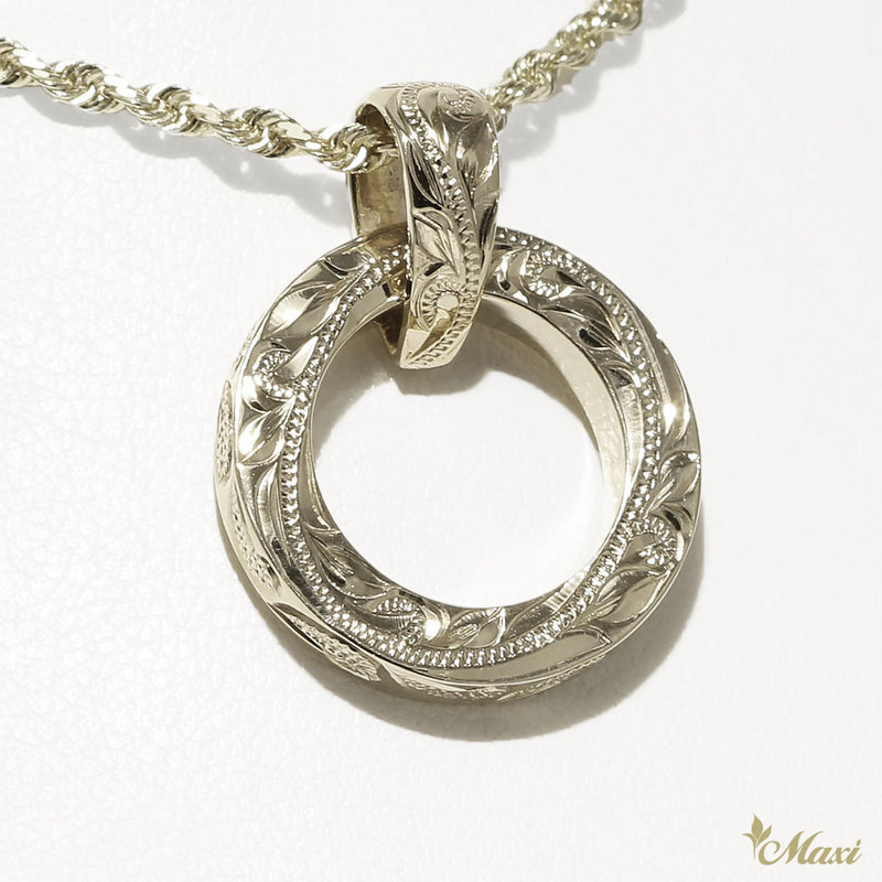 [14K Gold] Circle Pendant-Hand Engraved Maile Leaf and Waves(P0130)