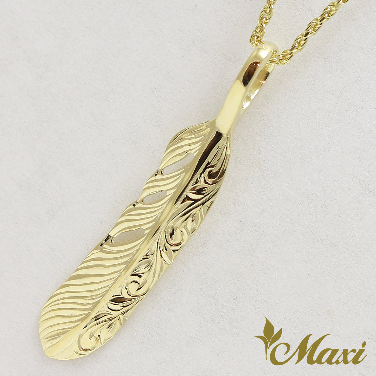 14K Gold] Feather Pendant Small-Hand Engraved Traditional Hawaiian 
